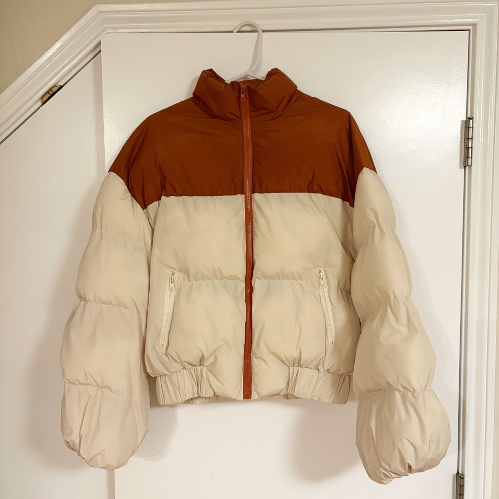 Nasty Gal color-block beige puff sleeves padded puffer jacket